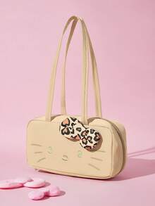 HELLO KITTY AND FRIENDS | SHEIN 可愛貓咪印花聚酯纖維單肩包，附3D蝴蝶結裝飾，輕量大容量拉鍊托特包，適合通勤、旅行與日常休閒使用 - 豹紋蝴蝶結款 - 查看 4