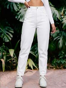 EMERY ROSE Casual Versatile Solid Color Distressed Denim Jeans - White - View 5
