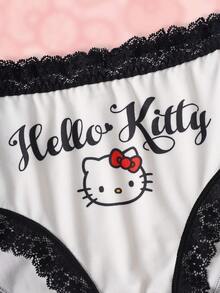 HELLO KITTY AND FRIENDS | SHEIN Celana Dalam Wanita Motif Kartun Huruf dengan Renda Kontras - Hitam dan Putih - View 3
