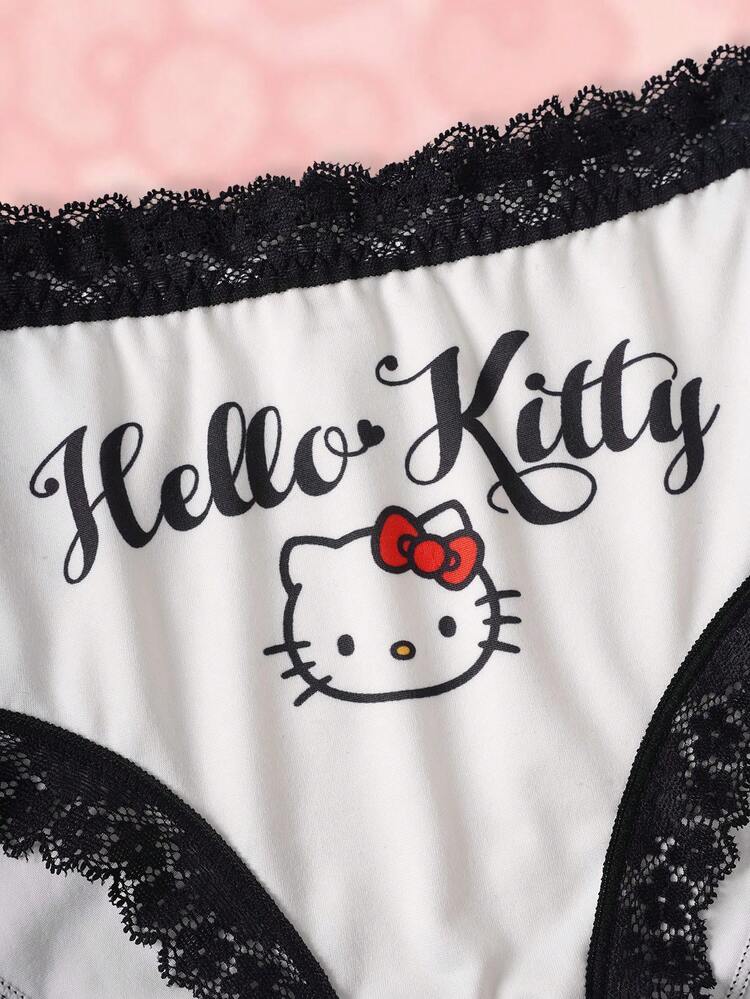 HELLO KITTY AND FRIENDS | SHEIN 女款字母卡通印花對比蕾絲內褲 - 黑與白 - 查看 3