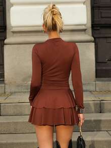 Sandy Gomes Women's Red Long Sleeve High Neck Ruched Waist Vintage Dress, Autumn/Winter Elegant - Brown - View 5