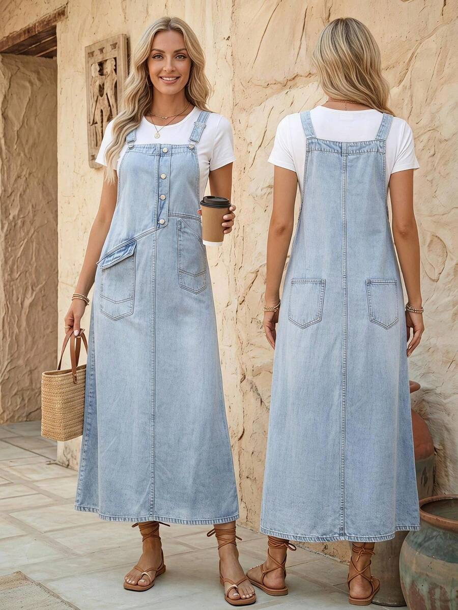 SHEIN Unity Women's Button Half Placket Pocket Casual Denim Overall Dress - Blue - View 1