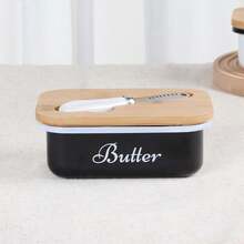 1 Pc Iron Butter Dish With Wooden Lid & Butter Knife, Small Cheese Storage Container For Restaurant, Kitchen & Home Use - Multicolor - View 10