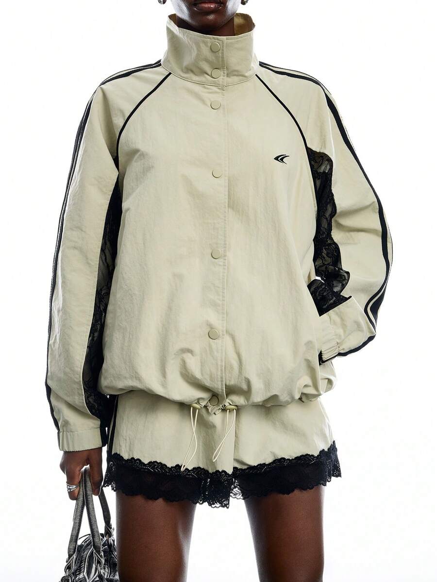 LYSMO Women's Streetwear Striped Colorblock Button Jacket And Lace Patchwork Shorts 2-Piece Set Office Outfits For Women - Mint Green - View 1