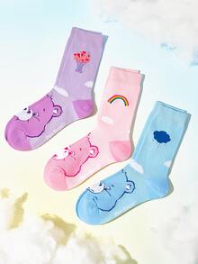 SHEIN X Care Bears 3 Pairs Of Comfortable And Cute Cartoon Pattern Tube Socks - variegated - View 4