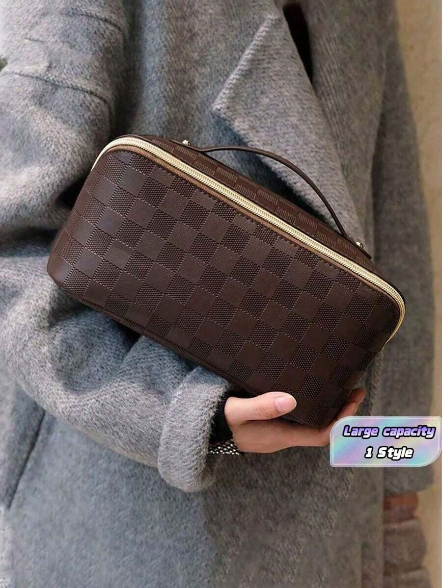 1pc Pu Multifunctional Travel Makeup Bag, Multi-Layer Compartment Cosmetic Organizer Bag, Large Capacity Makeup Brush Holder, Cosmetics, Makeup Brushes, Powder, Lipstick, Suitable For Beach, School - Brown Plaid - View 1