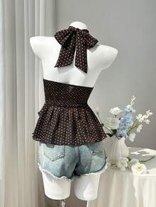 SHEIN EZwear 女款春夏秋棕色與藍色波點印花雪紡中領掛脖綁帶露背荷葉邊層次感上衣，優雅通勤辦公室復古休閒購物約會日常出遊百搭 - 棕色 - 查看 2
