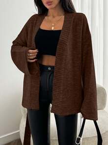 EURMUSE Women Solid Color Dropped Shoulder Long Sleeve Loose Tie-Front Casual Cardigan - Brown - View 6