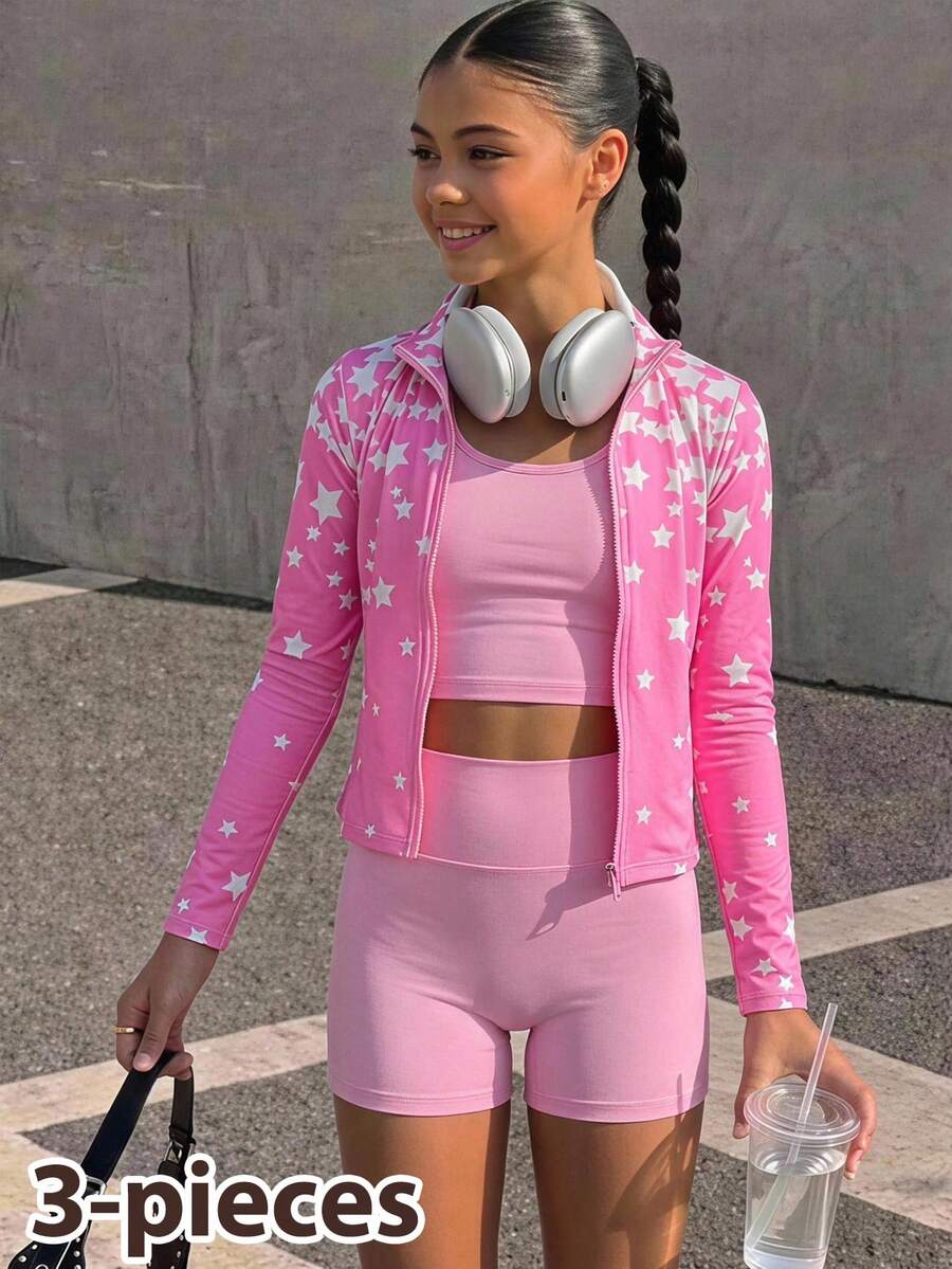 Tween Girl Casual Athletic Cute Daily Gym Workout Solid Color Top, Shorts And Long Sleeve Cardigan Set Pink Summer - Pink - View 1