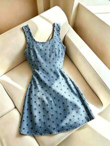 SHEIN Franclia 女款V領抽繩洋裝，仿牛仔波點印花洋裝，波點洋裝，休閒A字洋裝 - 藍色 - 查看 3