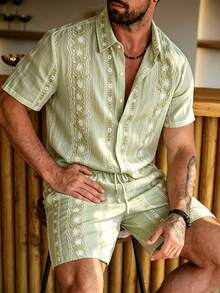 Manfinity Homme Men's Floral Print Single-Breasted Short Sleeve Shirt And Shorts Set - Light Yellow - View 6