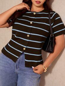 Elaquor Top de punto a rayas de manga corta talla grande - Multicolor - Ver 8