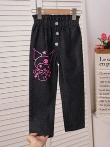 HELLO KITTY AND FRIENDS | SHEIN 少女卡通印花鈕扣設計休閒牛仔褲 - 黑色 - 查看 3
