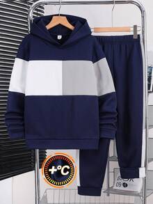 SHEIN 2pcs Set Teen Boys Patchwork Crew Neck Sweatshirt And Brown Drawstring Pants Set,Summer,Graduation - Multicolor - View 5