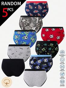 [5 Random Piece] Teenage Boys' Retro Graphic Game Controller, Football, Colorful Printed Soft Cotton Blend Breathable Briefs Autumn Fall - Multicolor - View 2