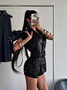 SHEIN HypeZone 女款翻領腰帶式人造皮革背心 - 黑色 - 查看 3