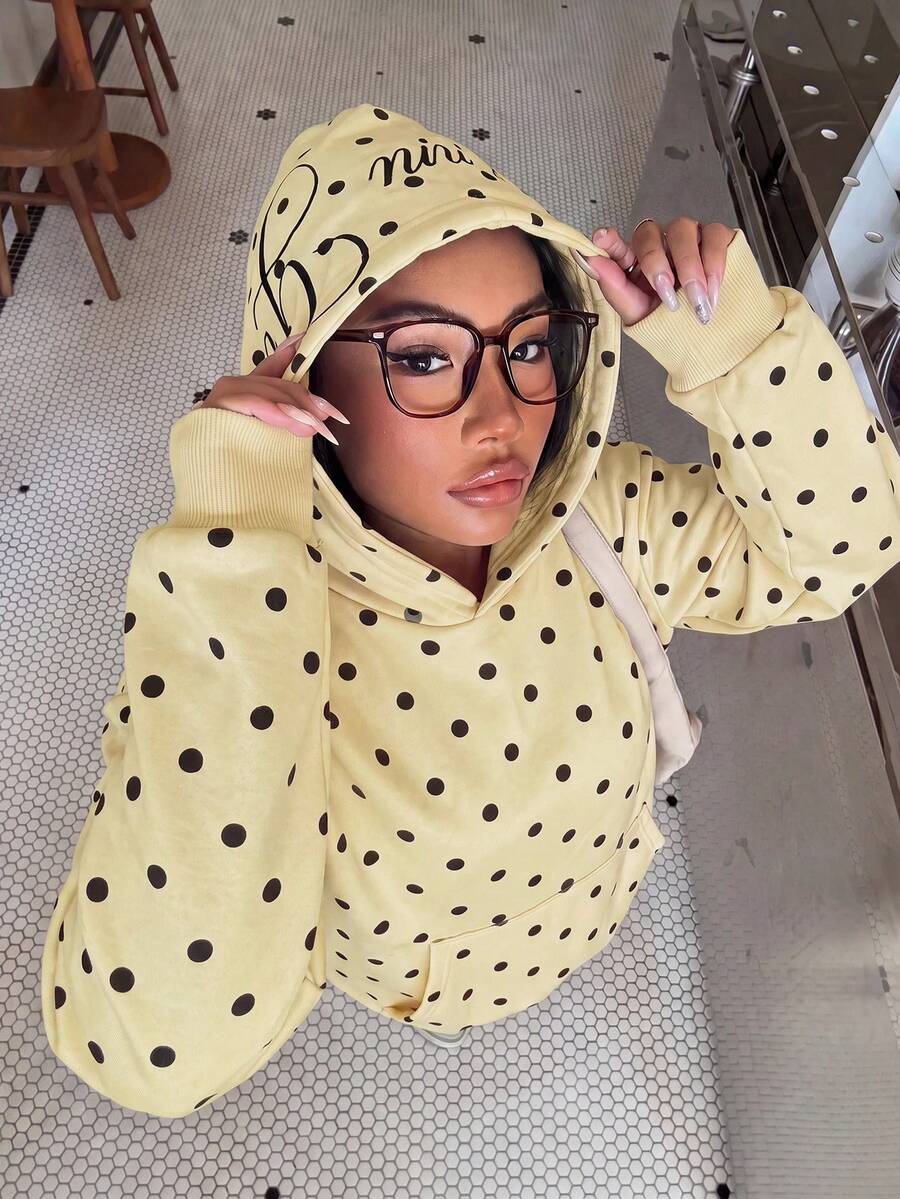 Muchica Women's Knitted Polka Dot Long Sleeve Hooded Sweatshirt - Pale Yellow - View 1