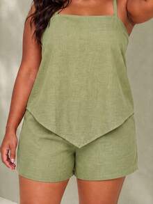 ELLERISSA Plus Size Green Linen Cami Top & Shorts Co-Ord Set - Green - View 7