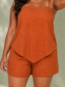 ELLERISSA Plus Size Burnt Orange Linen-Like Cami & Shorts Co-Ord Set - Burnt Orange - View 7