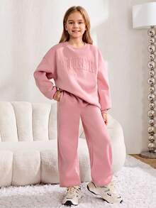 SHEIN Serisse Kids 青少年女孩寬鬆休閒字母壓紋拼接細節字母圖案圓領套頭運動衫與運動長褲2件套 - 粉色 - 查看 7