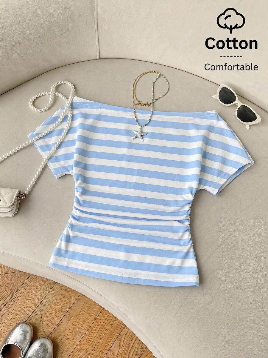 SHEIN EZwear 女士条纹露肩休闲T恤 - 白色 - 查看 1