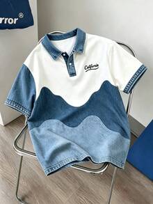 Manfinity Hypemode Men's American Retro Wave Colorblock Denim Effect Patchwork Polo Shirt - Multicolor - View 6