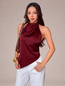 SHEIN PETITE 女款性感露背掛脖上衣，優雅適合派對、通勤與度假，夏季穿搭 - 白色 - 查看 8