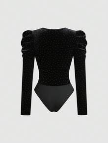 Balvessa Rhinestone Velvet Criss-Cross Neck Elegant Party Long Sleeve Women Bodysuit - Black - View 5