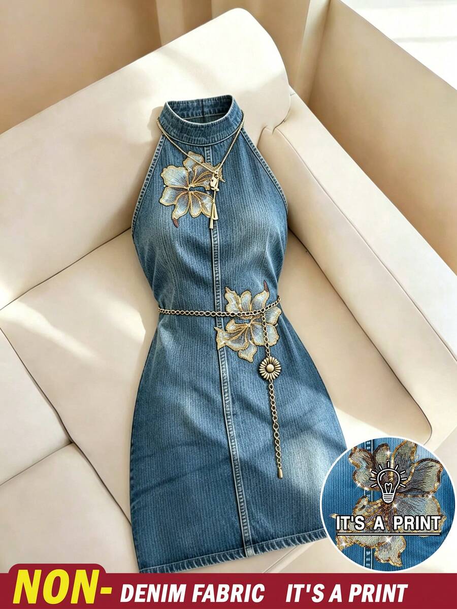 Resyla 女士常规款碎花装饰吊带迷你连衣裙 - 淺色水洗藍 - 查看 1