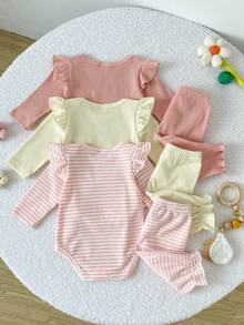 SHEIN Playful Pals 3套女嬰連身衣褲套裝，可愛甜美風，灰粉色、奶油黃、粉色條紋，3D雛菊荷葉邊蝴蝶結飛袖圓領，生日派對秋季款 - 彩色 - 查看 2