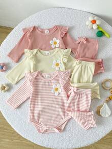 SHEIN Playful Pals 3套女嬰連身衣褲套裝，可愛甜美風，灰粉色、奶油黃、粉色條紋，3D雛菊荷葉邊蝴蝶結飛袖圓領，生日派對秋季款 - 彩色 - 查看 3
