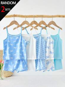 SHEIN Random 2pcs Set Combination Girls Blue Tone Bow & Heart All-Over Print Lace Sweet Cute Comfortable Casual Wear Camisole & Bikini Panty Lingerie Set - Multicolor - View 1