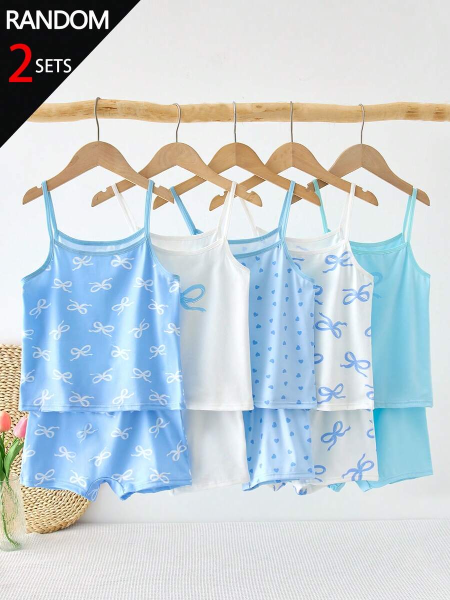 SHEIN Random 2pcs Set Combination Girls Blue Tone Bow & Heart All-Over Print Lace Sweet Cute Comfortable Casual Wear Camisole & Bikini Panty Lingerie Set - Multicolor - View 1