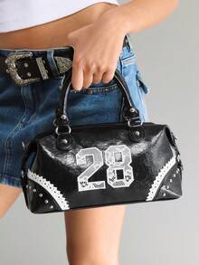 Viva Strut Ladies Bag, Spice Girl Style, Sweet Cool Girl Y2K Punk Style, Digital Embroidery Decoration, Lace Decorative Rivets, Pillow Bag, Slanted Shoulder Bag, - Black - View 1