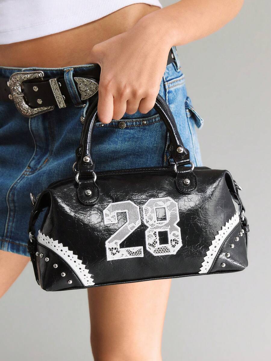Viva Strut Ladies Bag, Spice Girl Style, Sweet Cool Girl Y2K Punk Style, Digital Embroidery Decoration, Lace Decorative Rivets, Pillow Bag, Slanted Shoulder Bag, - Black - View 1