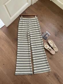 Comfortcana Women's Summer Knit Striped Long Pants - Black and White - View 2