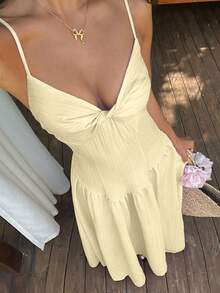 Sunnyshic Women's Solid Color Knot Design Elegant Spaghetti Strap Dress - Light Yellow - View 4
