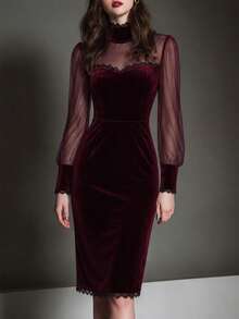 Balvessa Elegant Gothic Halloween Burgundy Velvet Commute Party Holiday Mesh Short Dress Spring Summer Autumn - Burgundy - View 1