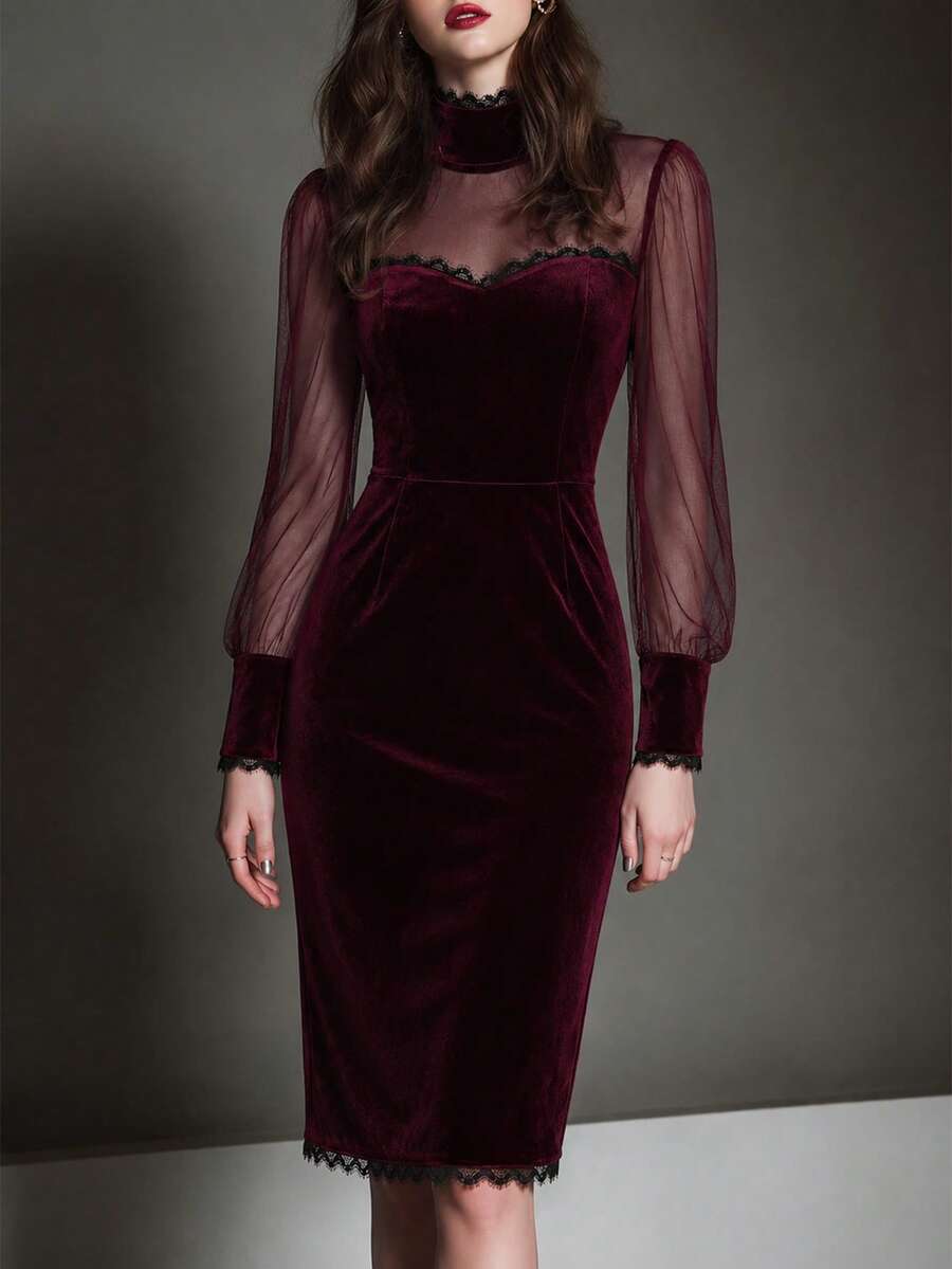 Balvessa Elegant Gothic Halloween Burgundy Velvet Commute Party Holiday Mesh Short Dress Spring Summer Autumn - Burgundy - View 1