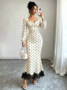 SHEIN Raffinéa 女款春夏/秋冬優雅精緻V領長袖收腰波點長洋裝，拼色蕾絲拼接設計，適合外出、約會與通勤 - 彩色 - 查看 4