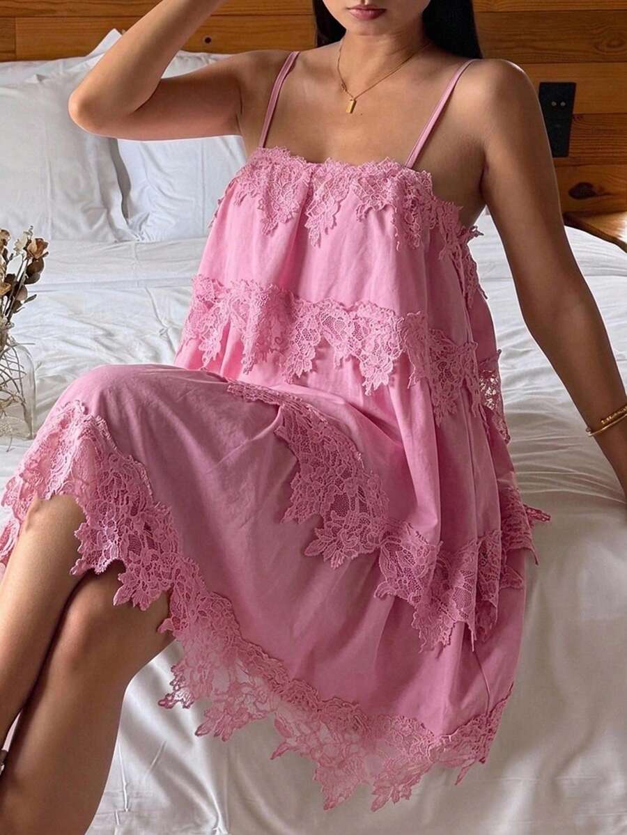 DAZY 女款蕾絲拼接百褶休閒居家吊帶睡裙 - 粉色 - 查看 1