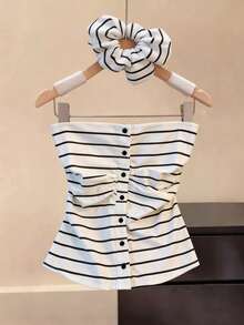 SHEIN Franclia Atasan Tube Wanita Motif Garis-Garis Warna Blok Kasual Serbaguna untuk Pemakaian Sehari-hari - Hitam dan Putih - View 1