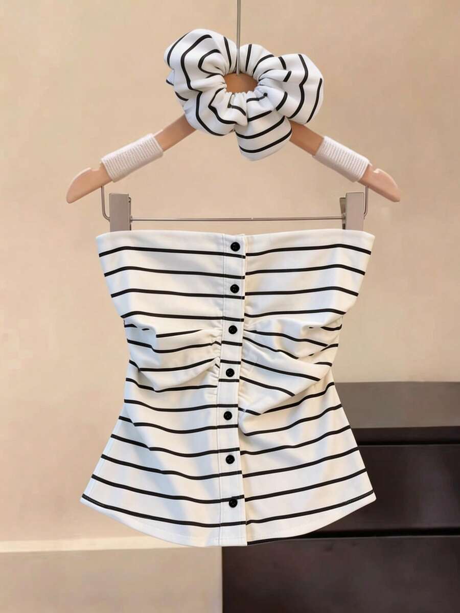 SHEIN Franclia Atasan Tube Wanita Motif Garis-Garis Warna Blok Kasual Serbaguna untuk Pemakaian Sehari-hari - Hitam dan Putih - View 1