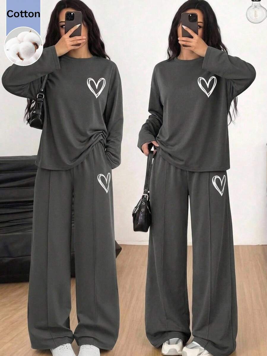 SHEIN 青少年女孩愛心印花T恤與長褲套裝 - 深灰色 - 查看 1