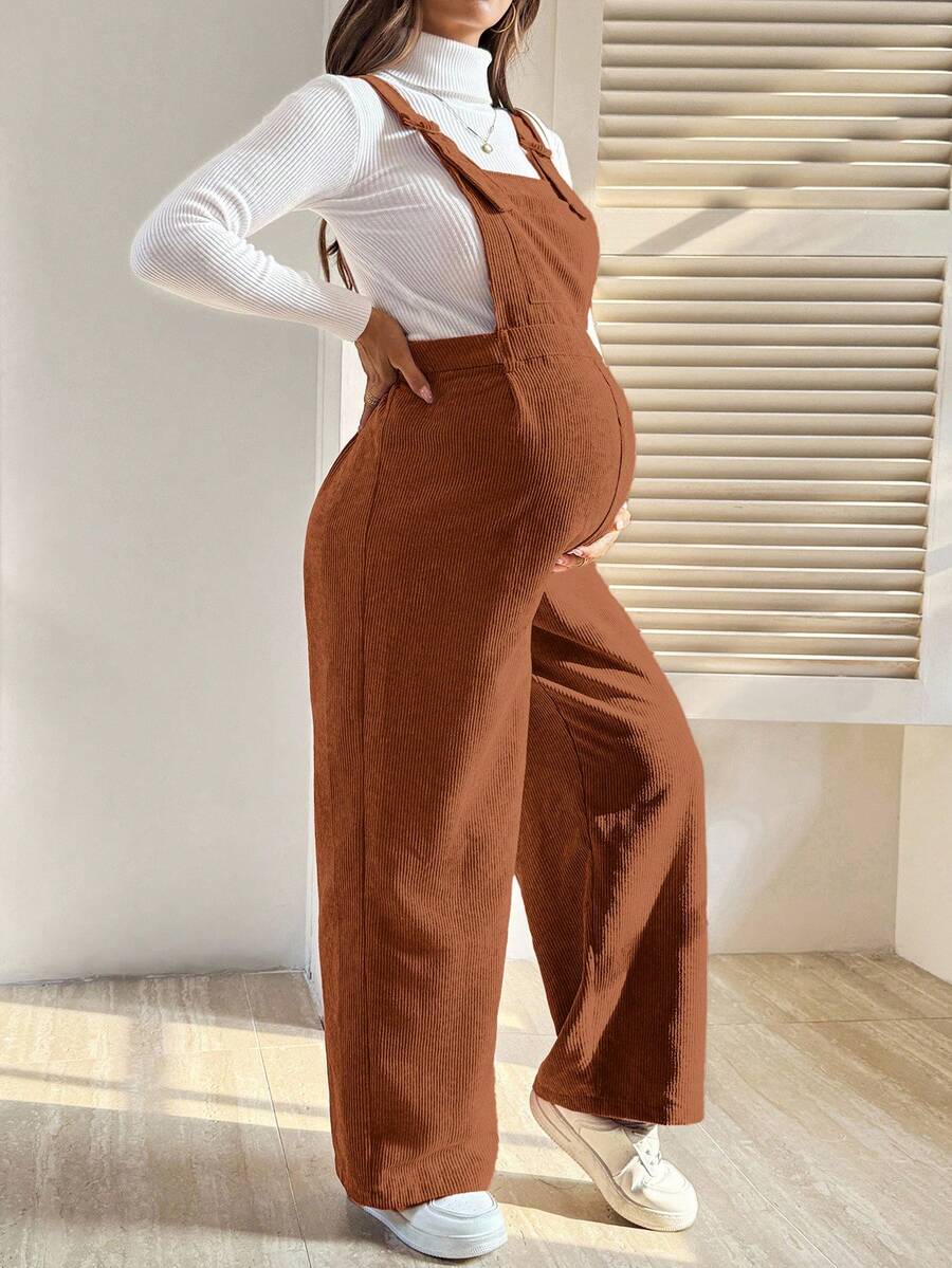 SHEIN 孕婦純色休閒日常穿著吊帶長褲 秋季 - 棕色 - 查看 1