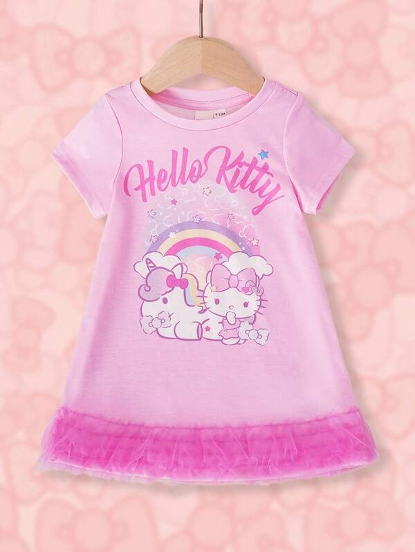 HELLO KITTY AND FRIENDS | SHEIN Gaun Bayi Perempuan Leher Bulat Motif Kartun Huruf Kasual untuk Pakaian Sehari-hari