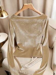 Franclia 优雅休闲天鹅绒V领长袖T恤，香槟色，秋冬 - 香檳色 - 查看 2