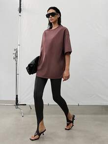 MERLEAU-F Camiseta de manga corta de unicolor casual versátil para uso diario, salidas nocturnas, marrón oscuro, verano, oficina casual, atuendos de trabajo para mujeres - Óxido marrón - Ver 6