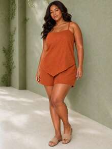 ELLERISSA Plus Size Burnt Orange Linen-Like Cami & Shorts Co-Ord Set - Burnt Orange - View 5