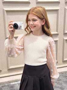 SHEIN Serisse Kids Tween Girl Swiss Dot Lantern Sleeve Waffle Knit Tee - Beige - View 1